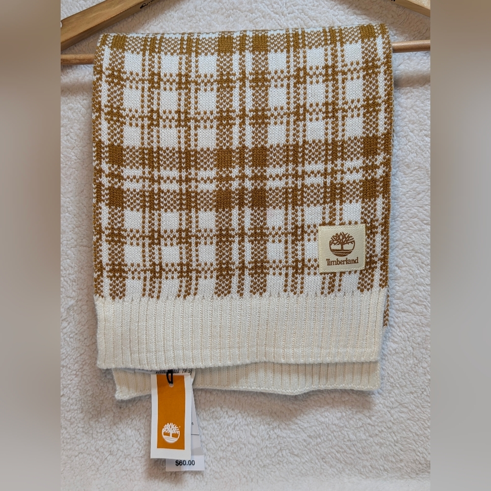 Timberland Brown and Cream Checkered Reversible Scarf 64x10 Fall Winter NWT